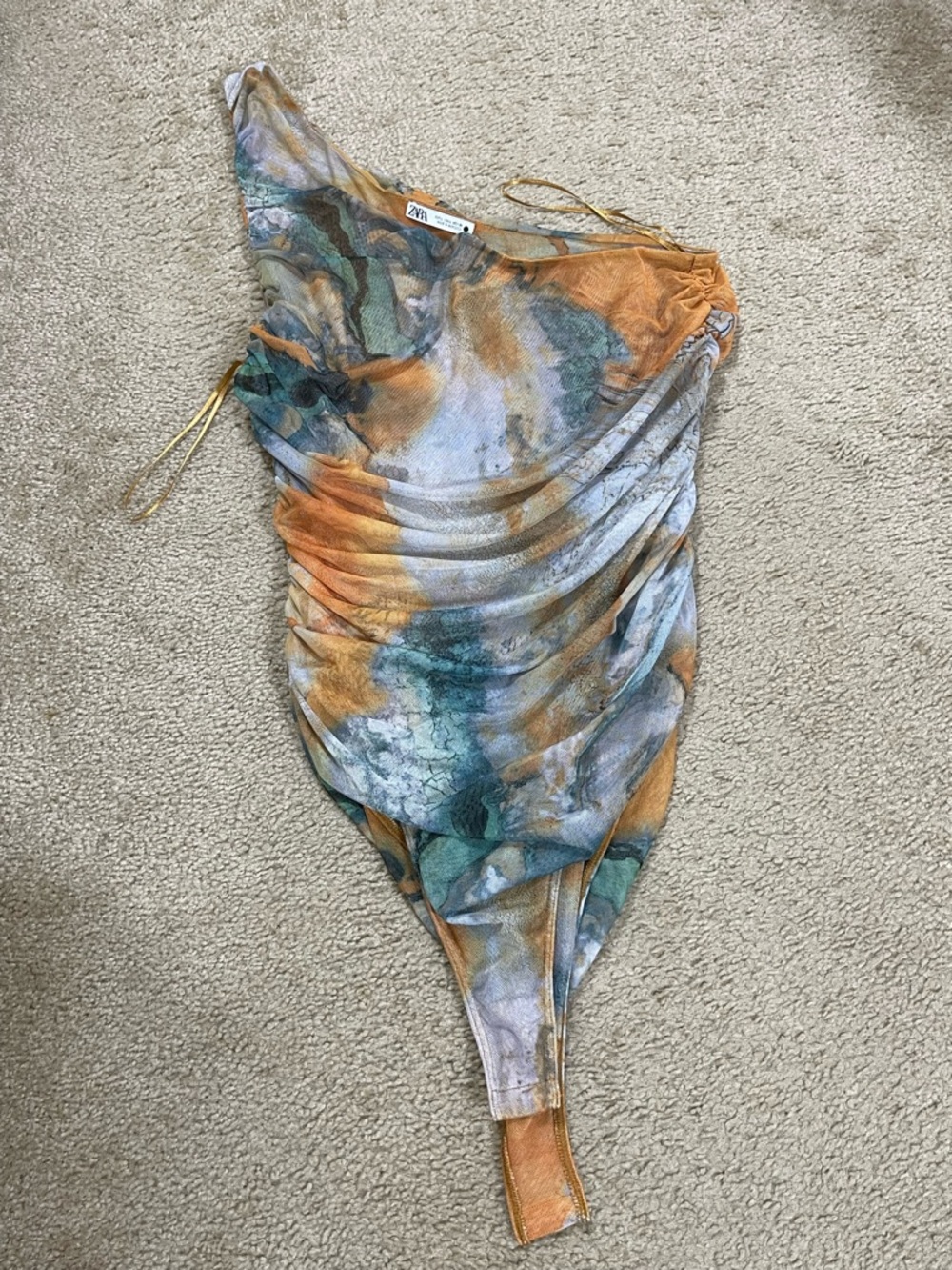 Women’s Zara Asymmetric Mesh Top in Teal, Mustard, and Gray
